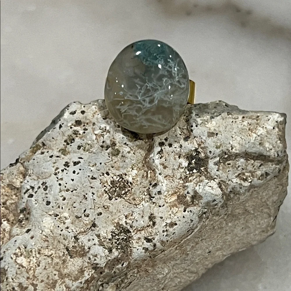 Crystal Moss Agate Ring Adjustable Gold Tone Cottagecore Spiritual Ring